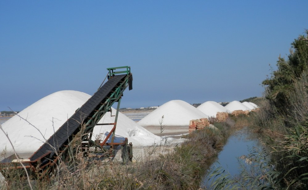 These salt mounds are waiting to be covered with roof tiles, which you can see on the ground near them. One worker stands on the top of the mound while the other throws tiles up to him, a distance of at least 20 feet: they never seem to miss.