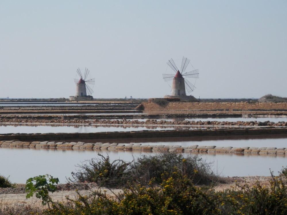 These windmills power Archimedes screws, which pump water upwards from the sea pools further out to sea, into the pools further inland. Each successive pool has undergone more evaporation and the saltiness is therefore more concentrated. Archimedes was a Sicilian, by the way, born in Siracusa.