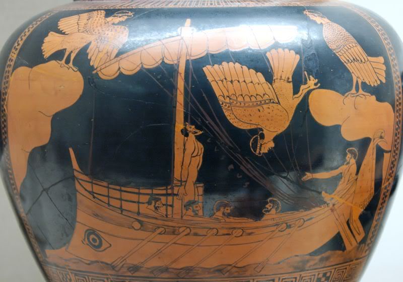 This illustrates one of hte many hazards of sailing on ancient Greek boats: Harpies with unkempt hair  might fly past with the aim of puking on you