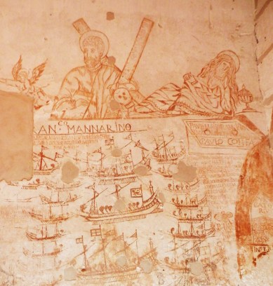 Jesus and Saint Rosalia (who had just saved Palermo from the plague) above fantasy ships coming to take the prisoners to freedom, Palazzo Steri, Palermo