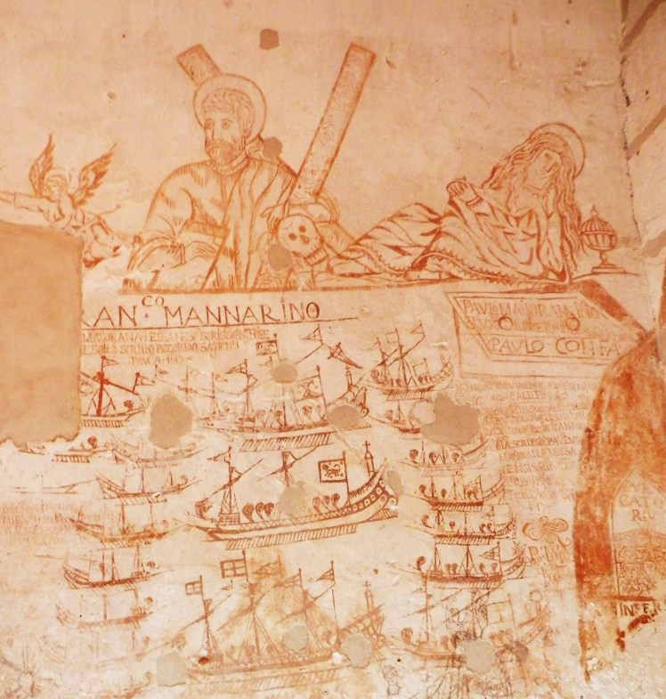 Jesus and Saint Rosalia (who had just saved Palermo from the plague) above fantasy ships coming to take the prisoners to freedom, Palazzo Steri, Palermo